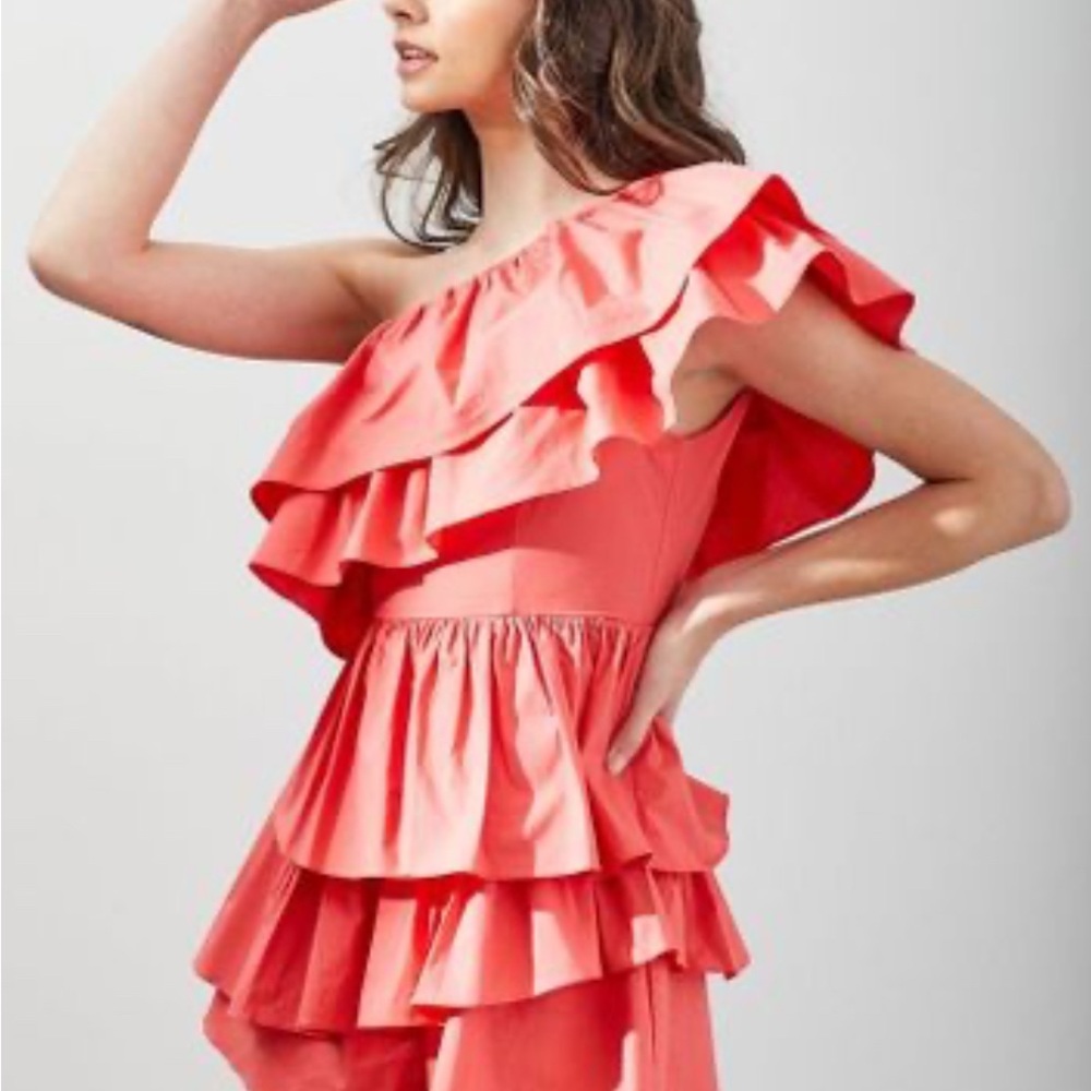 Fun deep coral/watermelon Ruffle One-Shoulder Romper *Talulah